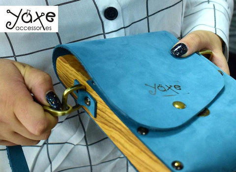 Blue unisex belt bag from leather and wood