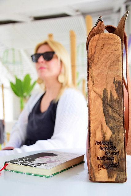 Whisky brown tote women bag from leather and olive tree wood