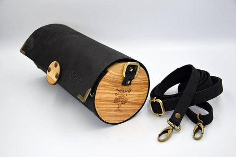 Black cylinder leather and wood women bag