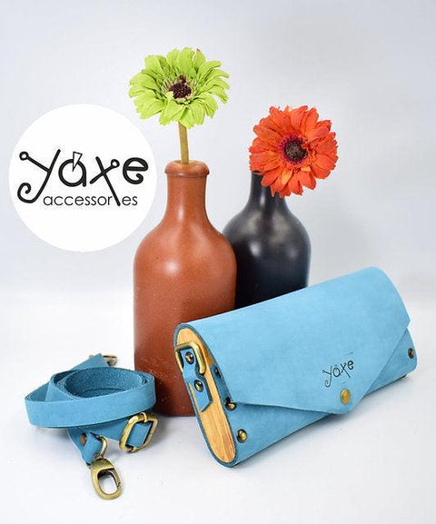 Blue small clutch women bag from leather and wood
