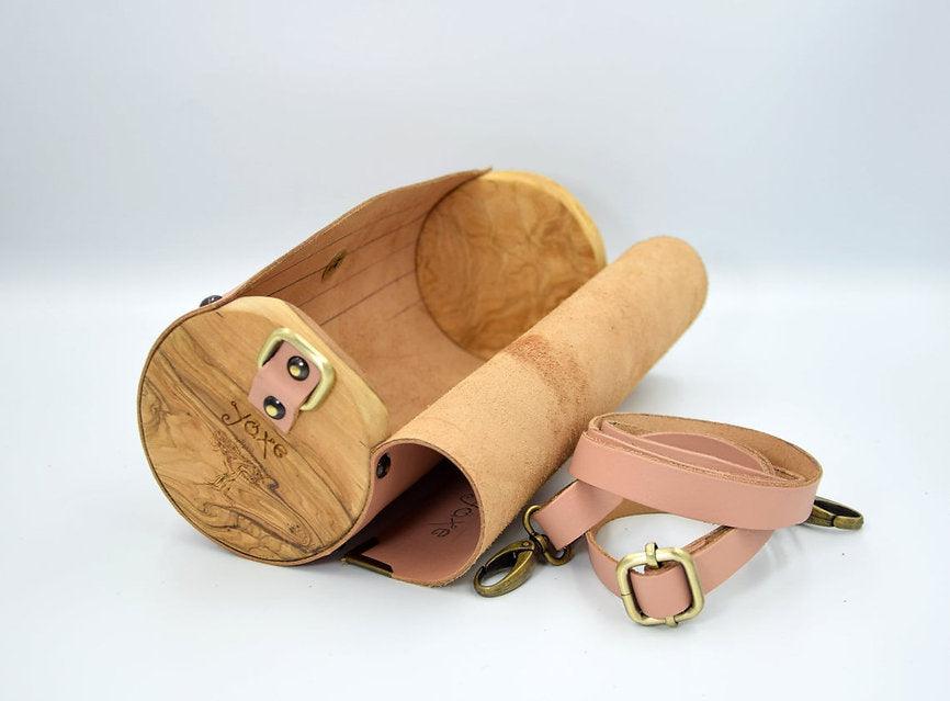 Pink cylinder leather and wood women bag