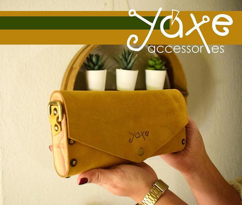 Yellow small clutch women bag from leather and wood