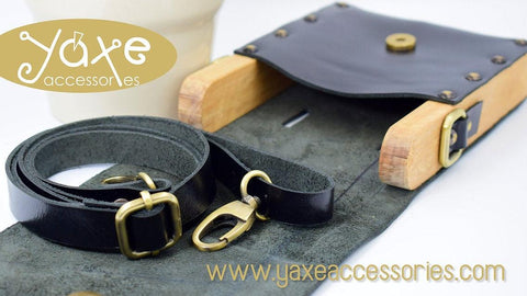 Black belt bag from leather and wood