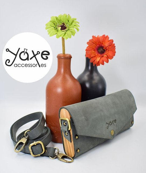 Gray small clutch women bag from leather and wood