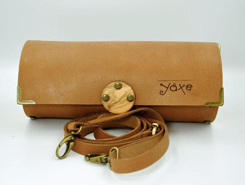 Whisky brown cylinder leather and wood women bag