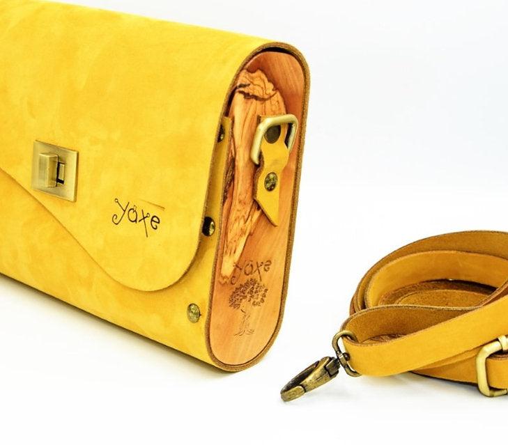 Yellow leather wood women bag