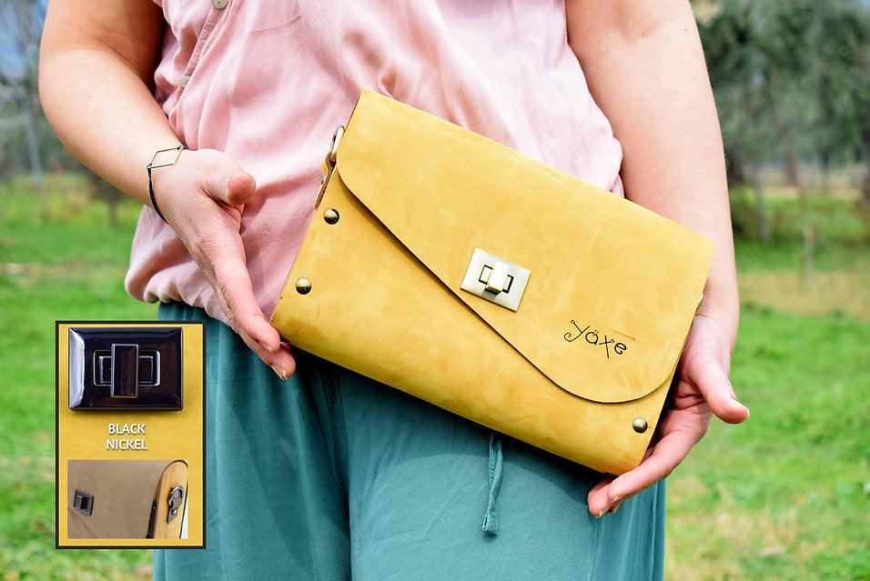 Yellow leather wood women bag