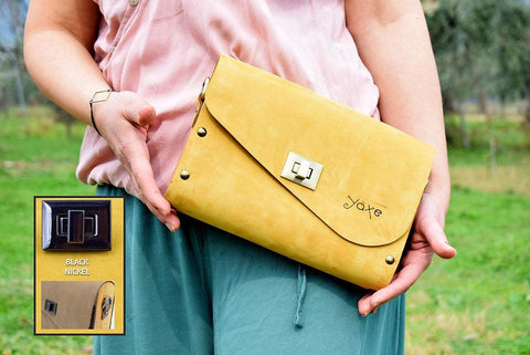 Yellow leather wood women bag