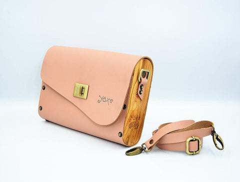 Pink leather wood women bag