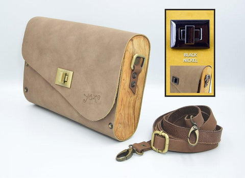 Mocha brown leather wood women bag