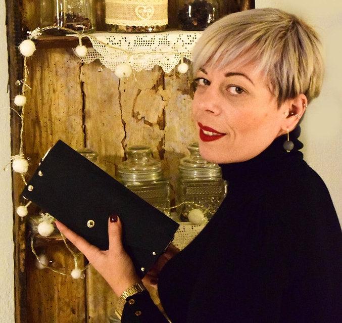 Black small clutch women bag from nubuck leather and wood