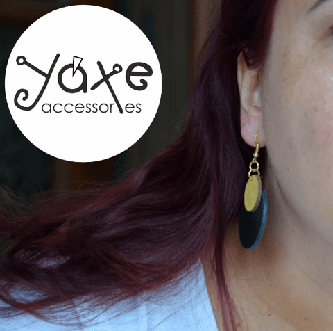 Black and yellow leather geometric circles earrings