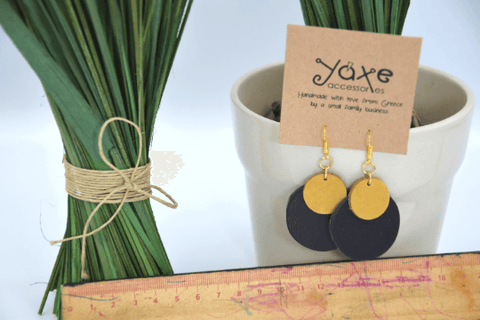 Black and yellow leather geometric circles earrings