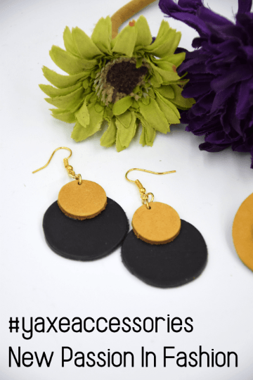 Black and yellow leather geometric circles earrings