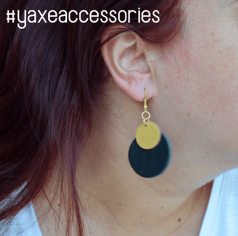 Black and yellow leather geometric circles earrings