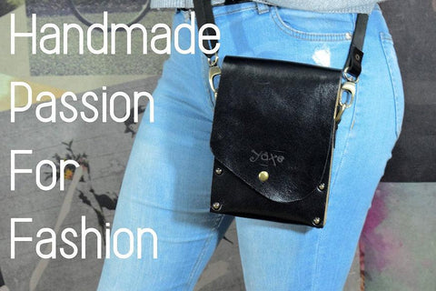 Black belt bag from leather and wood