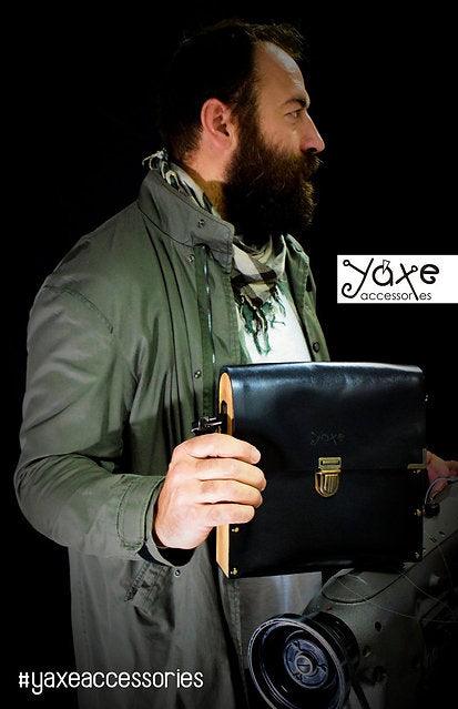 Black genuine leather & olive wood small shoulder men's bag