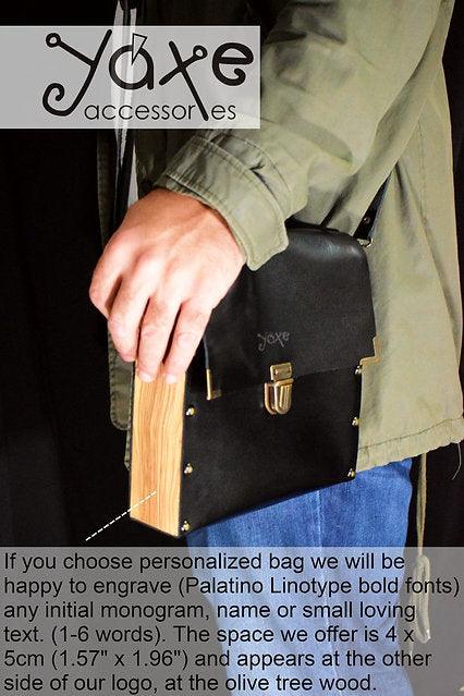 Black genuine leather & olive wood small shoulder men's bag