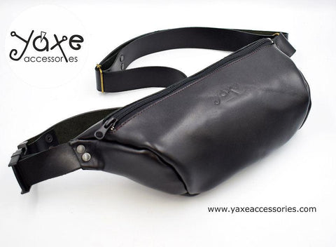 Black leather banana bag - Unisex leather fanny pack