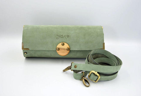 Mint green cylinder leather and wood women bag