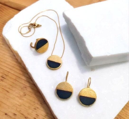 Concrete jewelry set of pendant earrings ring