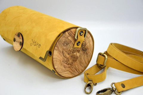 Yellow cylinder leather and wood women bag