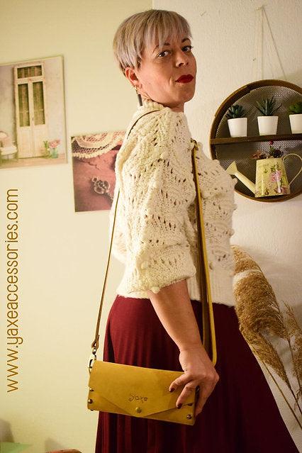 Yellow small clutch women bag from leather and wood