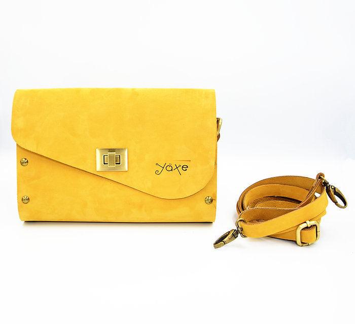 Yellow leather wood women bag