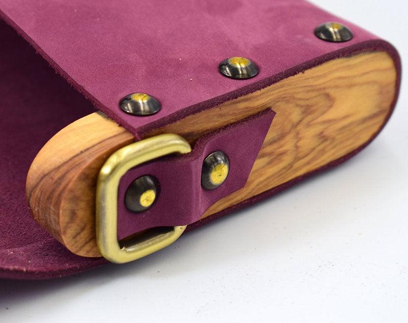 Purple small clutch women bag from leather and wood Bronze