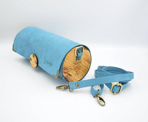 Blue cylinder leather and wood women bag