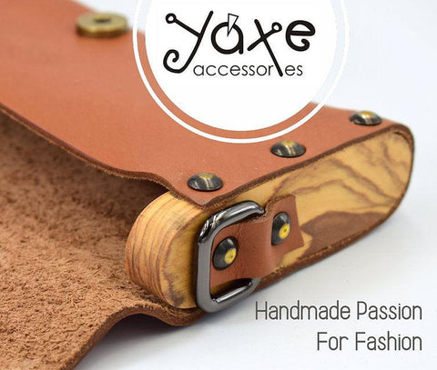 Whisky brown small clutch women bag from leather and wood