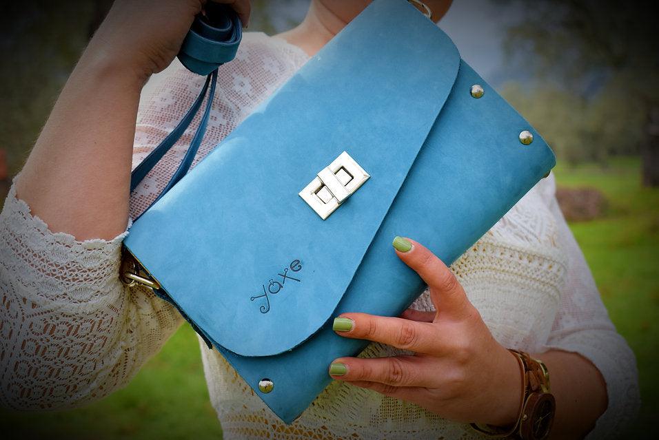 Blue matt leather olive wood women bag