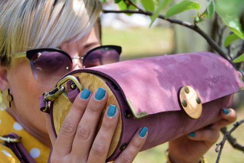 Purple cylinder leather and wood women bag