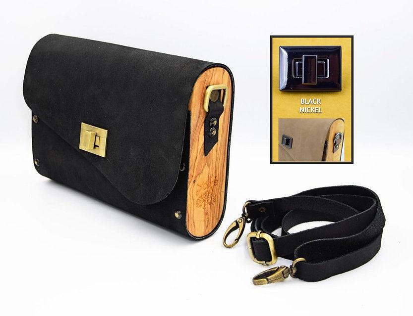Black matt nubuck leather wood women bag