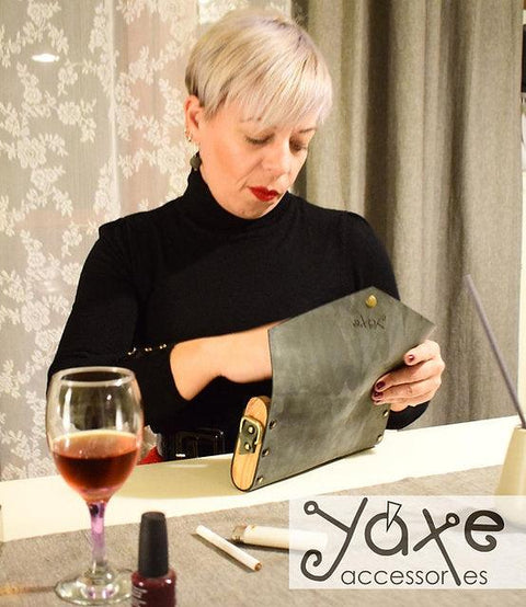 Gray small clutch women bag from leather and wood - Handmade bags & jewelry Bags