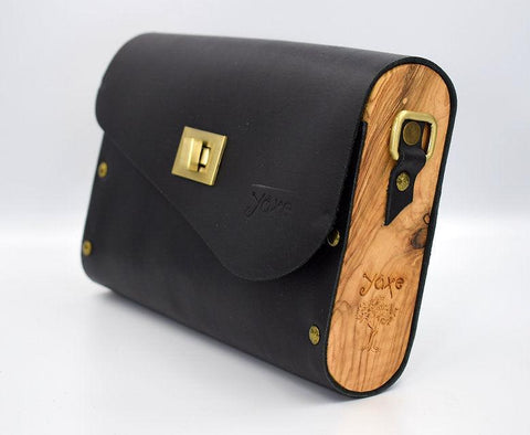 Black matt leather wood women bag nubuck