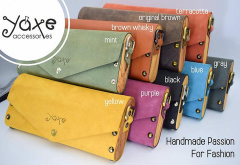 Yellow small clutch women bag from leather and wood - Handmade bags & jewelry Bags