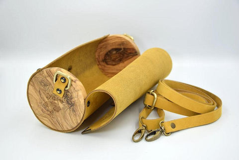 Yellow cylinder leather and wood women bag