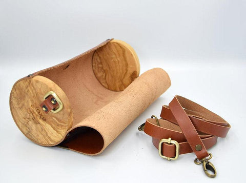 Tampa brown cylinder leather and wood women bag
