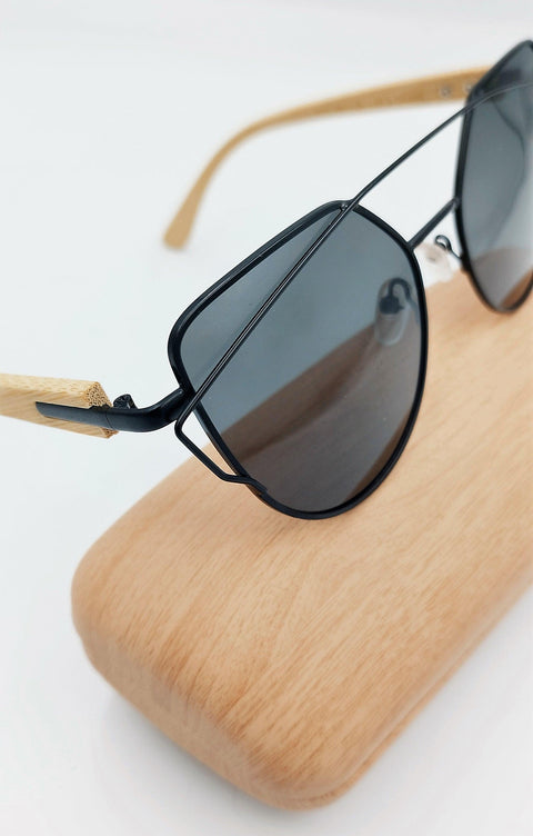 Black metallic and bamboo wooden sunglasses
