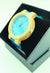 Wooden wrist watch with aqua blue kadran and aqua blue leather strap