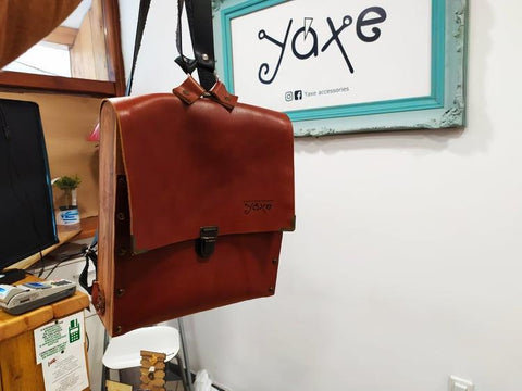 Leather and olive wood backpack bag