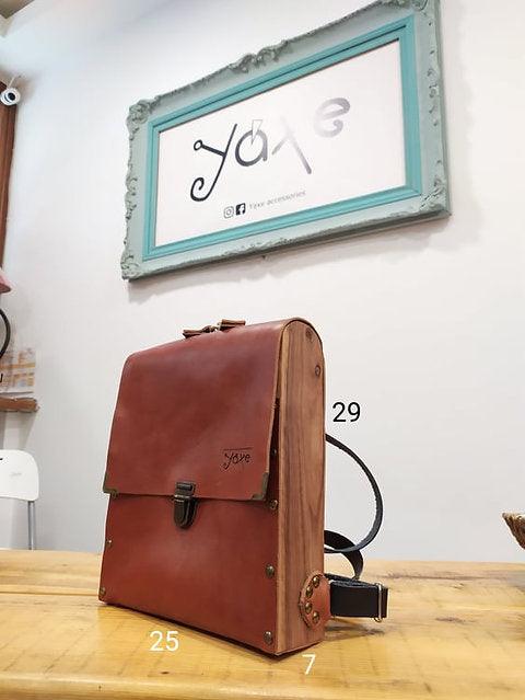 Leather and olive wood backpack bag