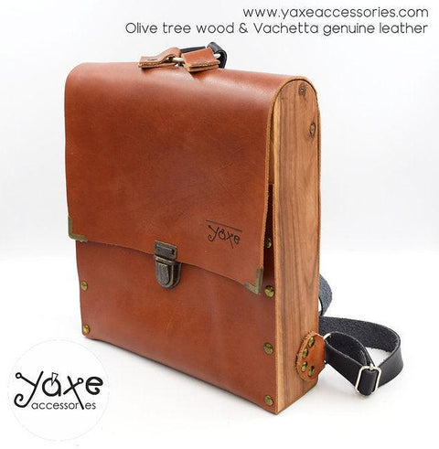 Leather and olive wood backpack bag