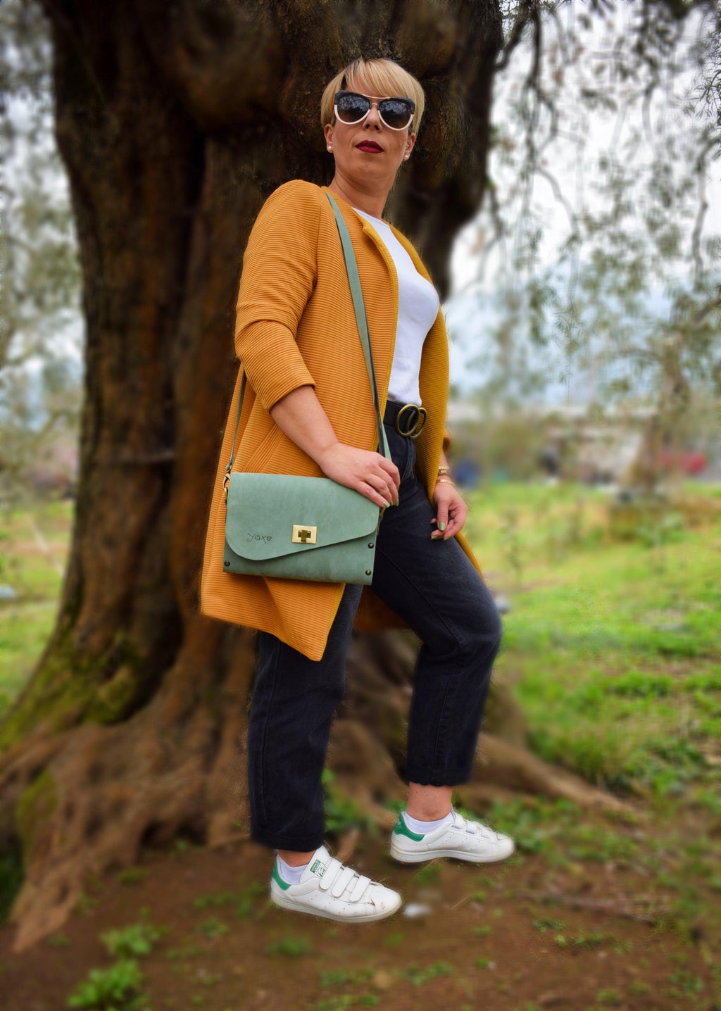 Olive Wood & Mint Nubuck Leather Women's Crossbody Clutch