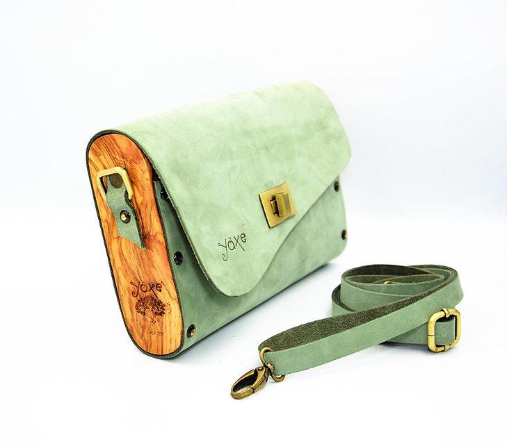 Olive Wood & Mint Nubuck Leather Women's Crossbody Clutch