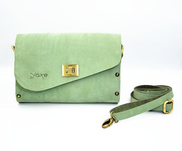 Olive Wood & Mint Nubuck Leather Women's Crossbody Clutch
