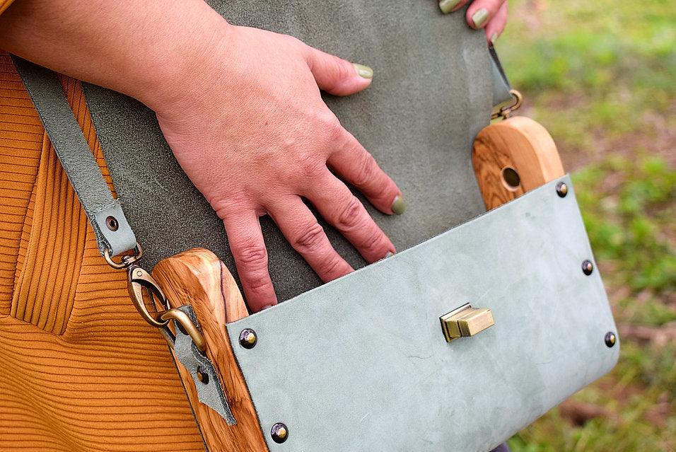 Olive Wood & Mint Nubuck Leather Women's Crossbody Clutch