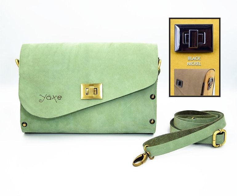 Olive Wood & Mint Nubuck Leather Women's Crossbody Clutch