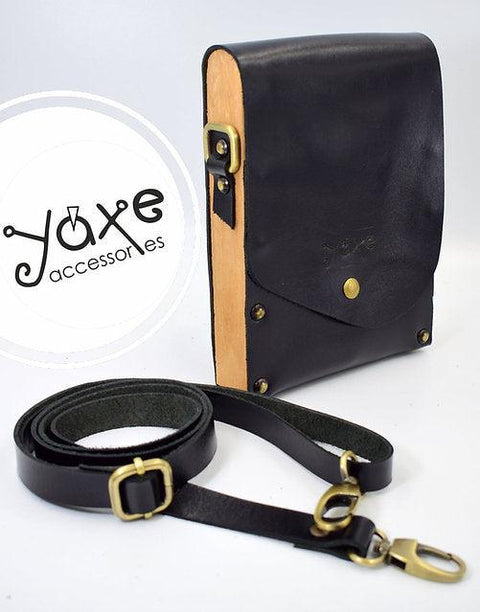 Black belt bag from leather and wood